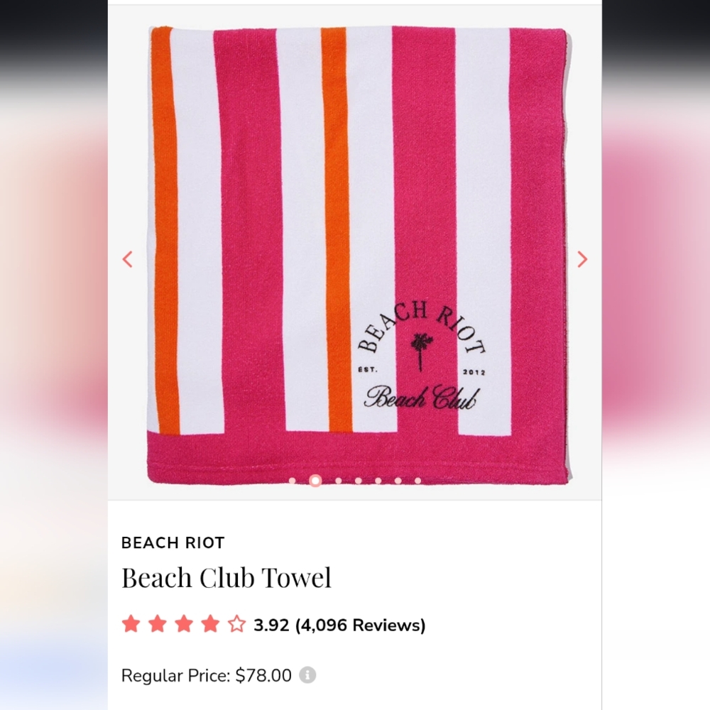 NWT unopened Beach Riot beach towel in pink, white, and orange